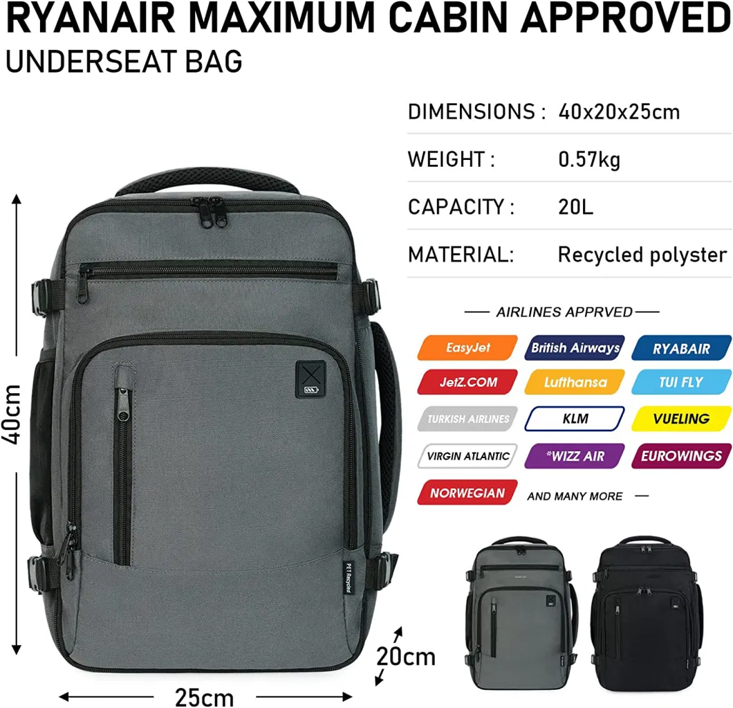 Cabin Bag 40X20X25 Travel Hand Luggage Backpack Recycled Pet Eco Friendly Under Seat Carry-Ons Bag 20L, Waterproof Outdoor Sports Backpack