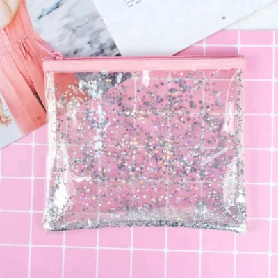 Travel Transparent Luxury Custom Logo Waterproof PVC Clear Makeup Cosmetic Glitter Bag TPU Cosmetic Pouch with Pink Zipper